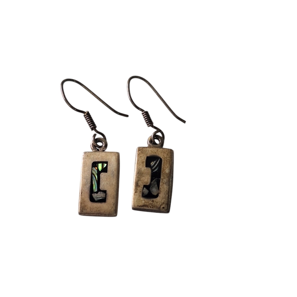 Vintage Taxco Sterling Silver Onyx Abalone Inlaid Hook Dangle Earrings 1.5" 8.7g